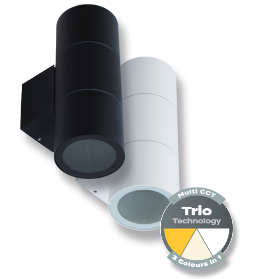 PIPER-2 BLACK ROUND WALL LIGHT IP65 WITH 2 X E27 PAR30 LAMPS